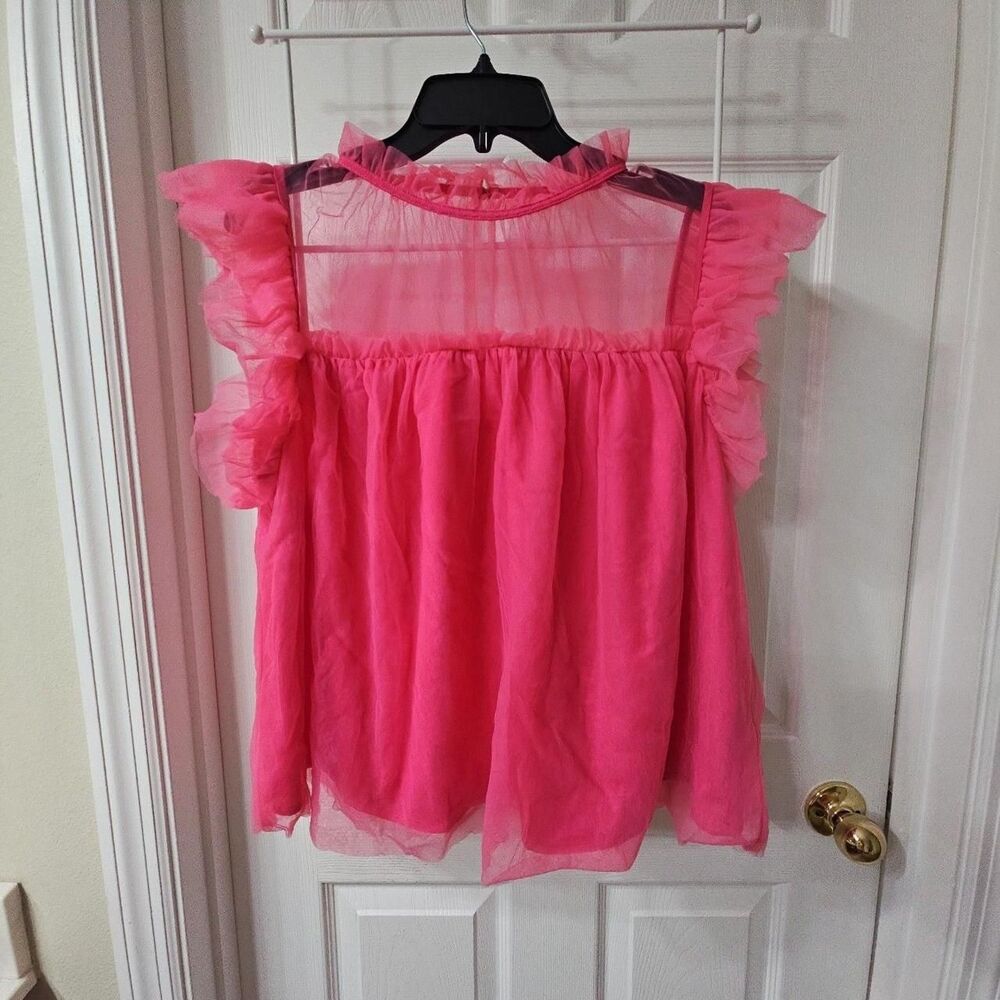 THML Women's Pink Mesh Ruffle Mock Neck Sleeveless Blouse